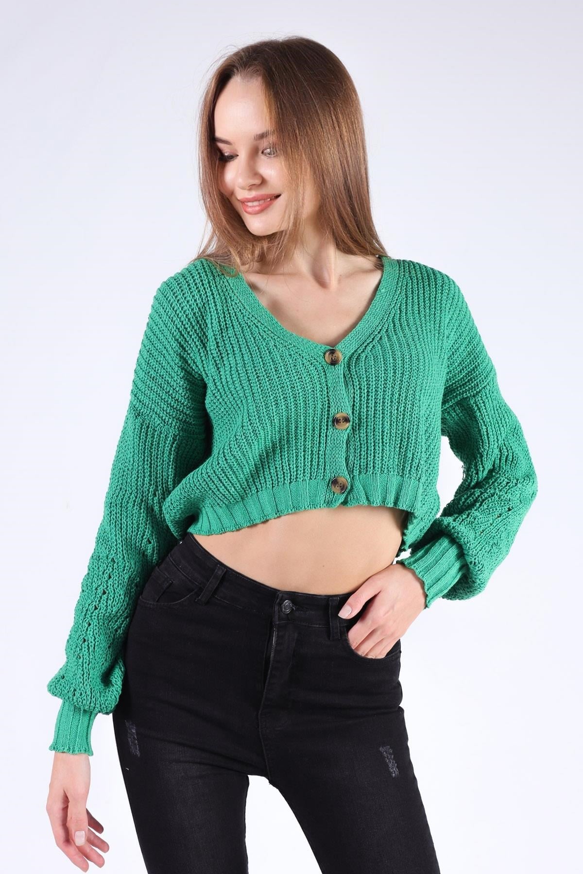 Benetton Yeşili Kısa Düğmeli Hırka 1368