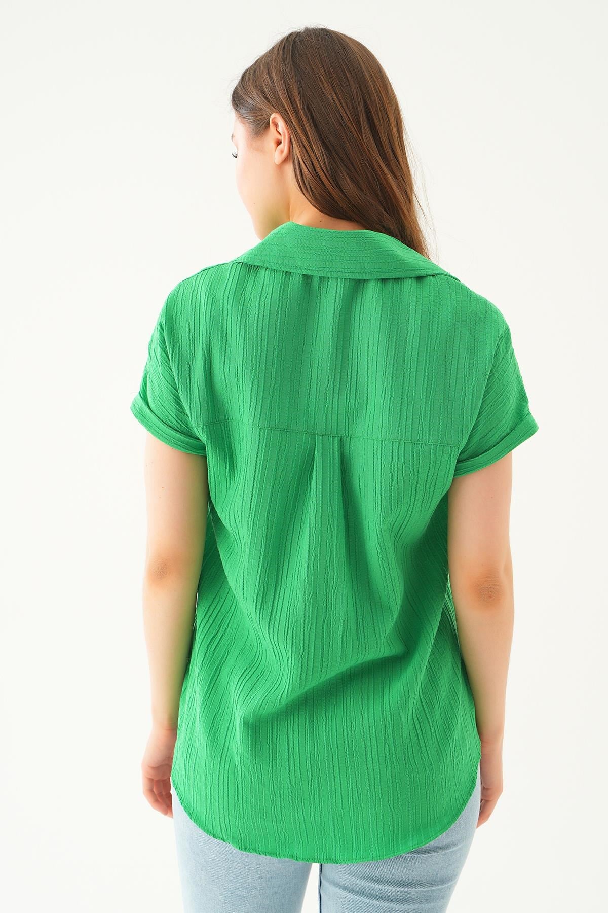 Benetton Yeşili Kısa Kol Oversize Gömlek 4163A