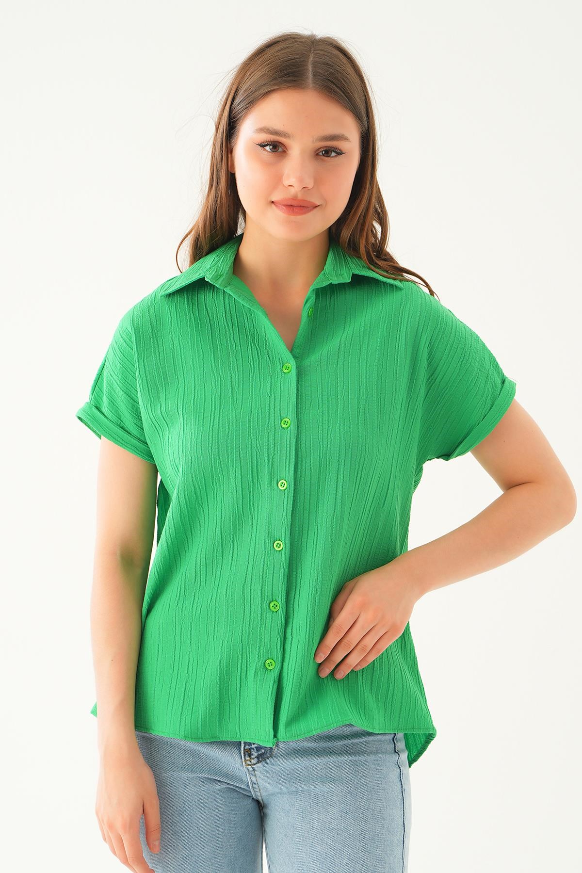 Benetton Yeşili Kısa Kol Oversize Gömlek 4163A