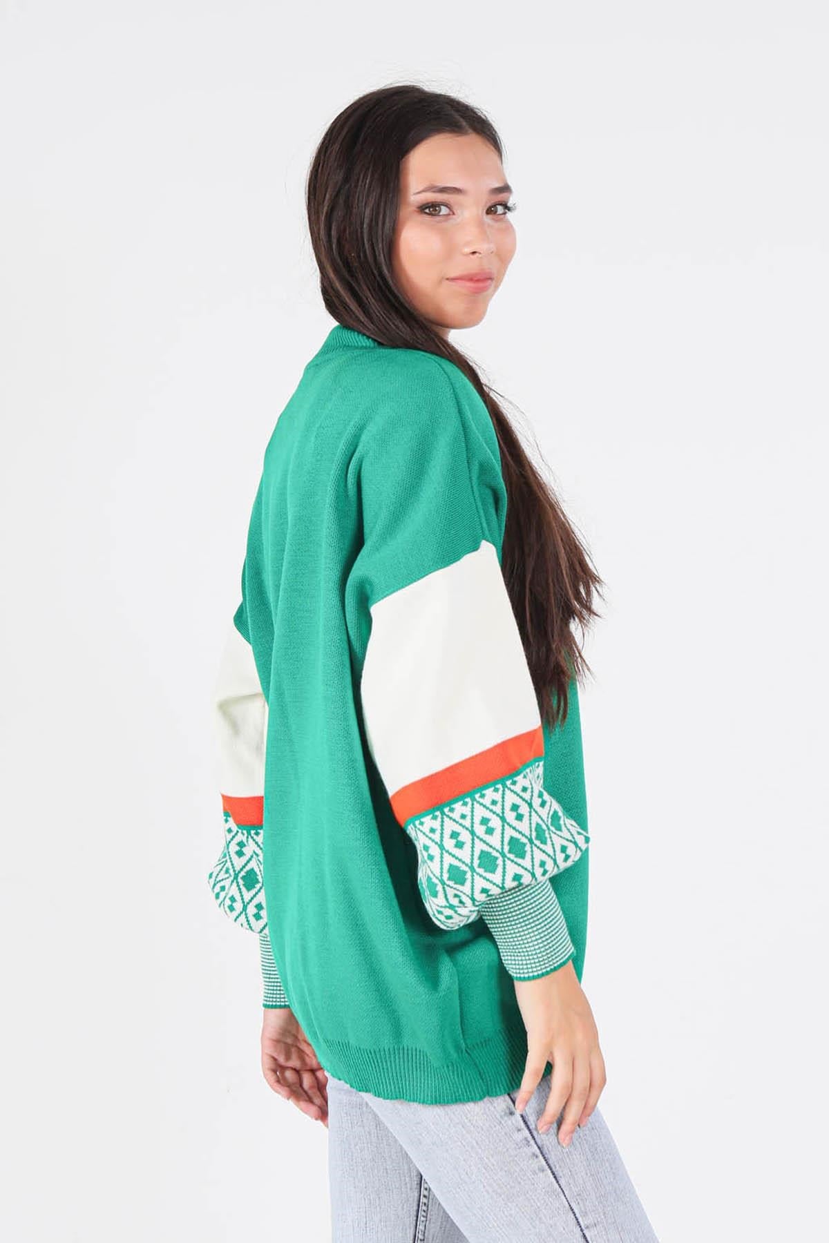 Benetton Yeşili Kol Desenli Kazak 2266