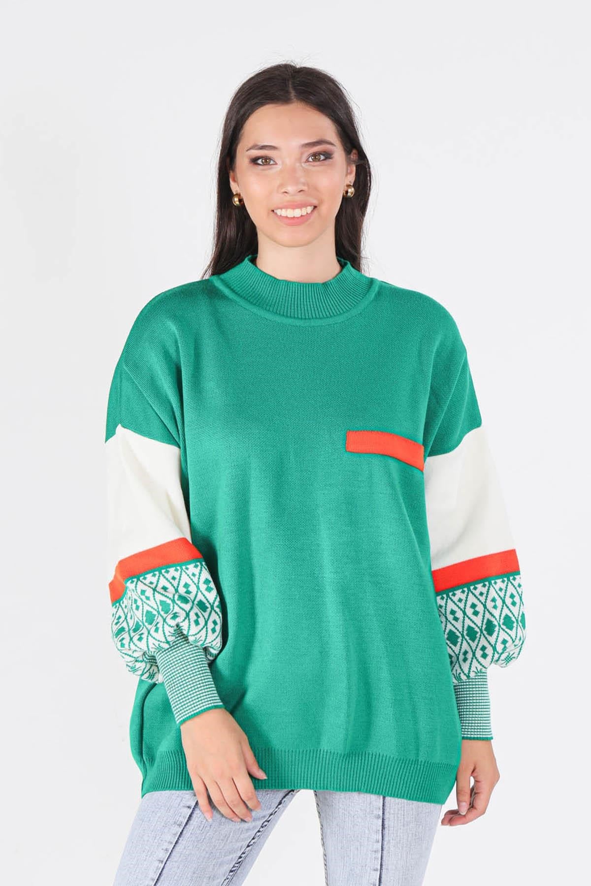 Benetton Yeşili Kol Desenli Kazak 2266