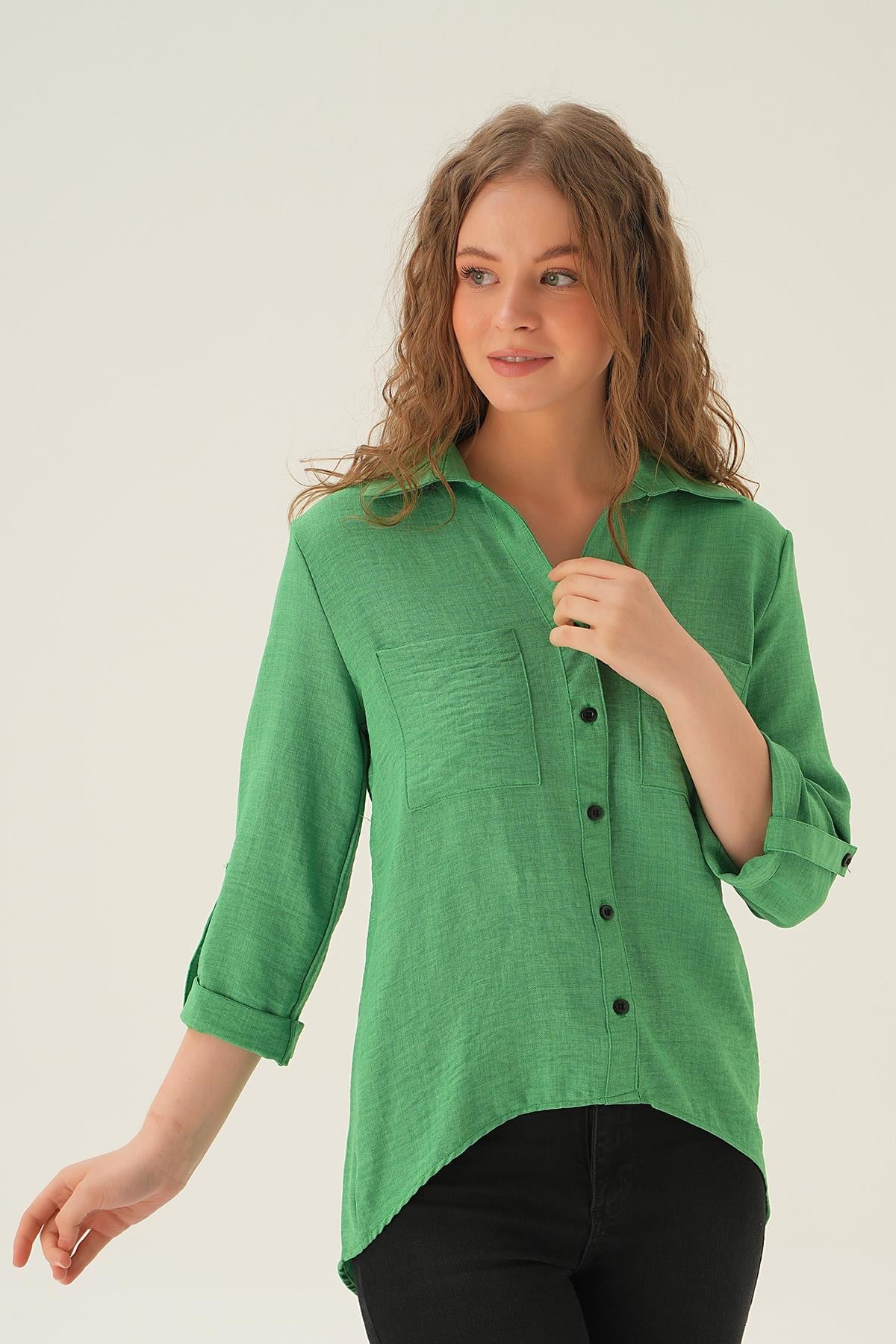 Benetton Yeşili Kol Katlamalı Çift Cep Gömlek 4132A