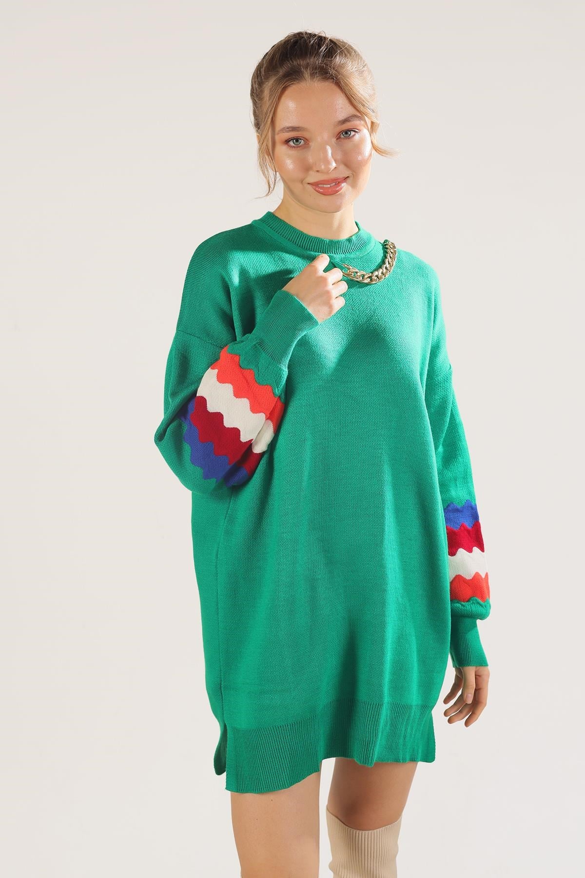 Benetton Yeşili Kolye Detay Kol Renkli Kazak 090