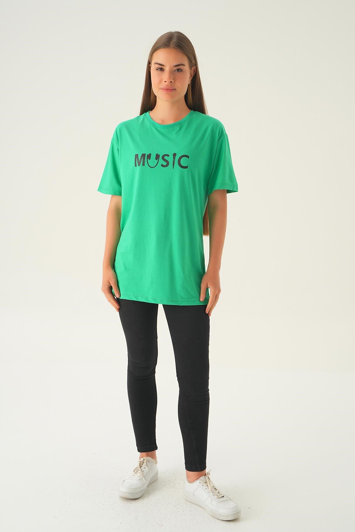 Benetton Yeşili Music Baskı Oversize Tişört 1717