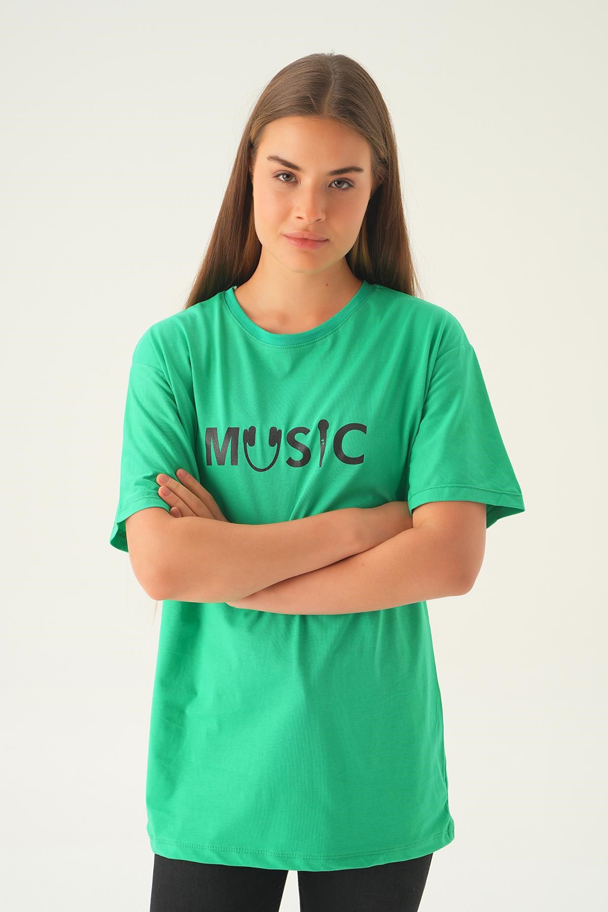 Benetton Yeşili Music Baskı Oversize Tişört 1717
