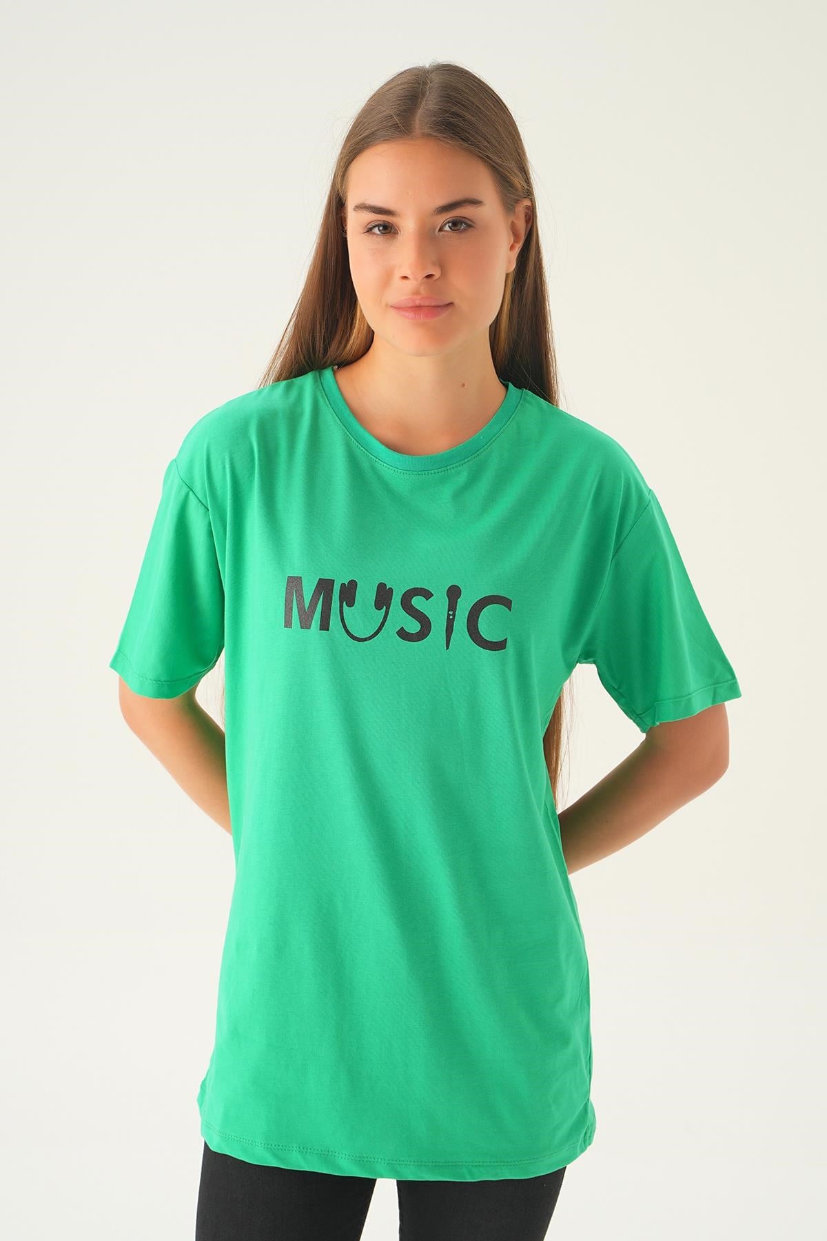 Benetton Yeşili Music Baskı Oversize Tişört 1717