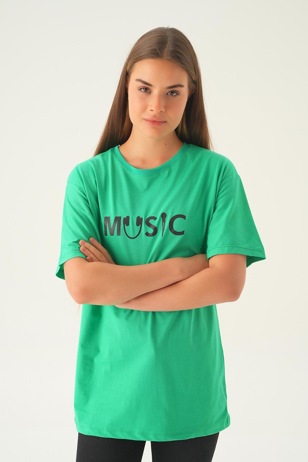Benetton Yeşili Music Baskı Oversize Tişört 1717