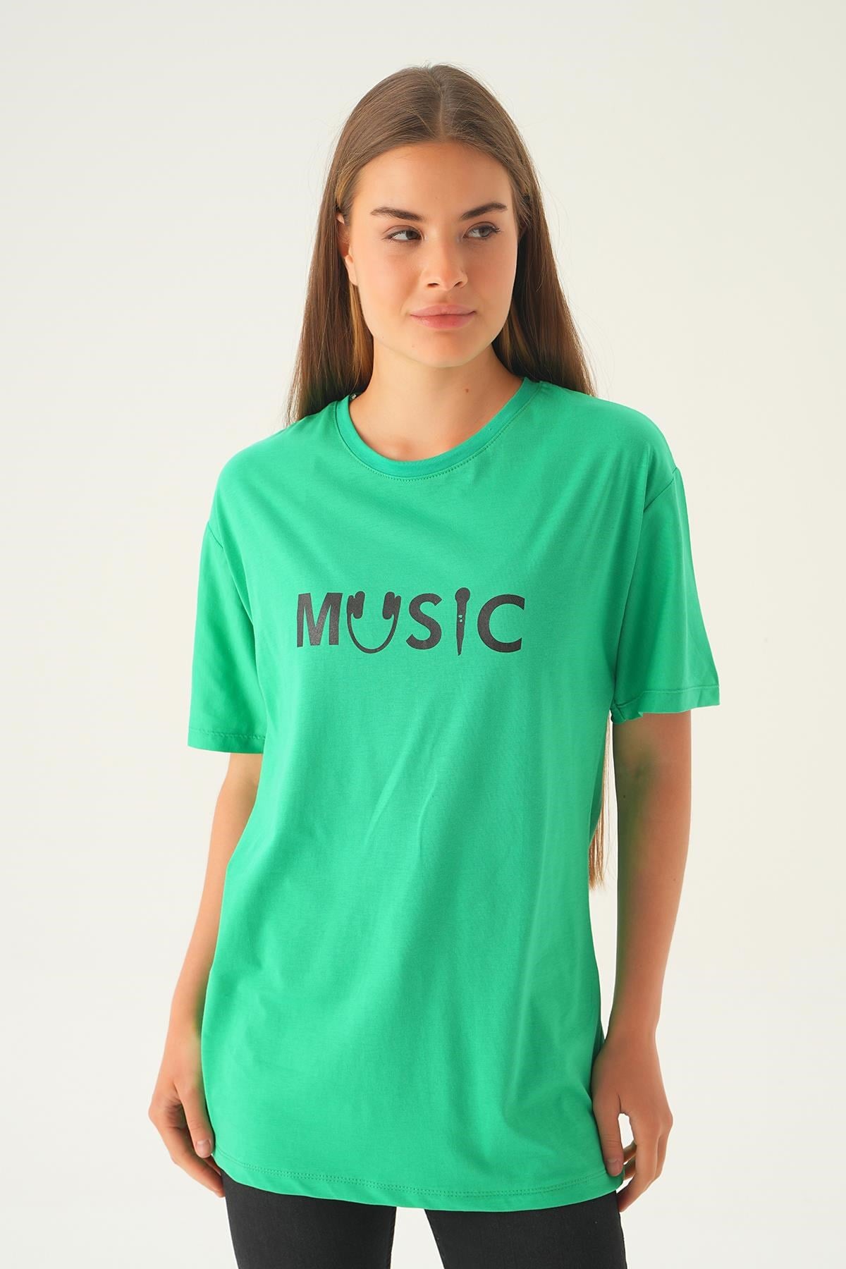 Benetton Yeşili Music Baskı Oversize Tişört 1717