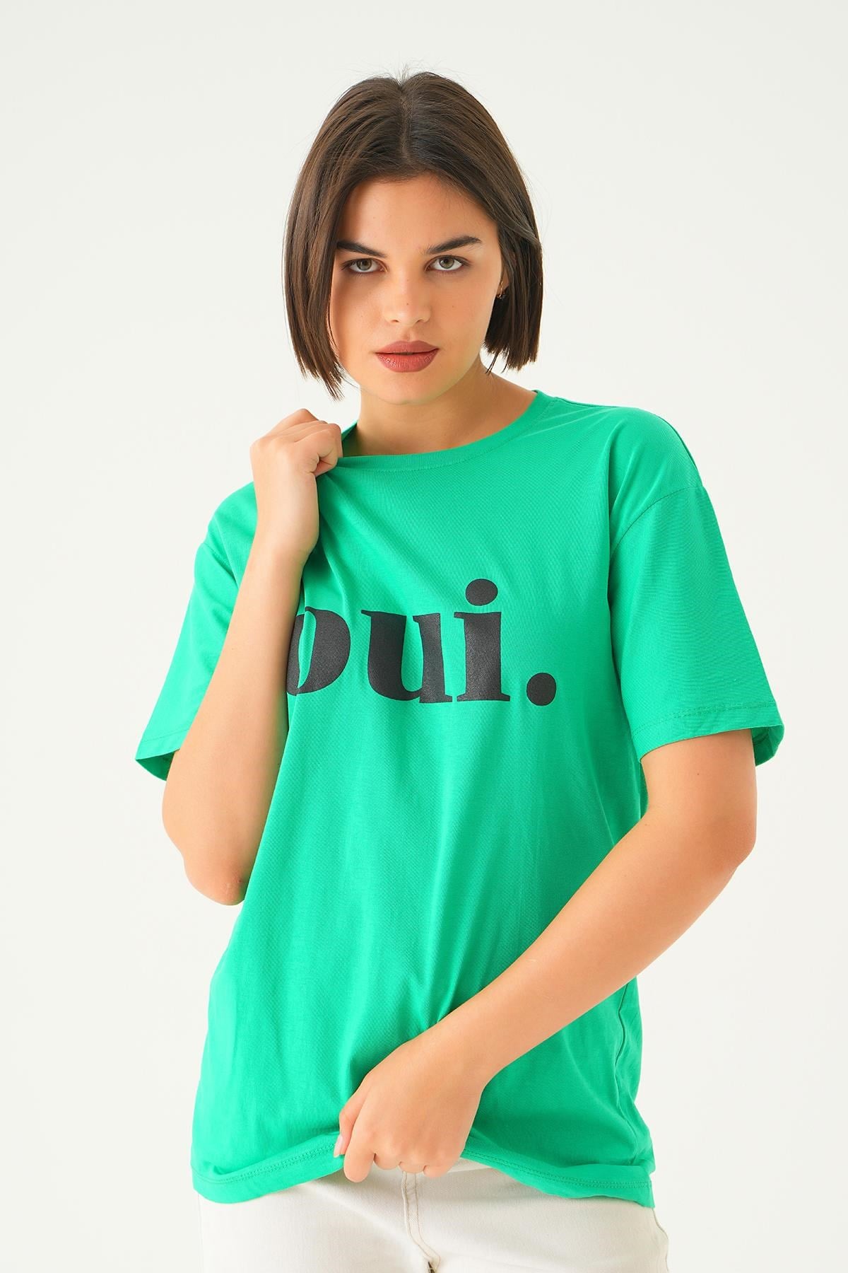 Benetton Yeşili Oui Baskı Oversize Tişört 1714