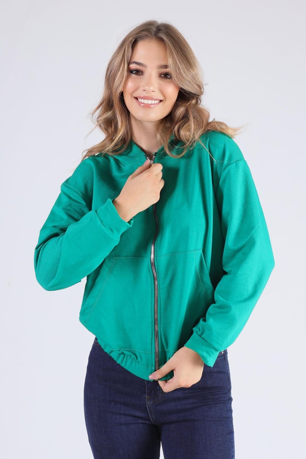 Benetton Yeşili Oversize Fermuarlı Sweat 8126M