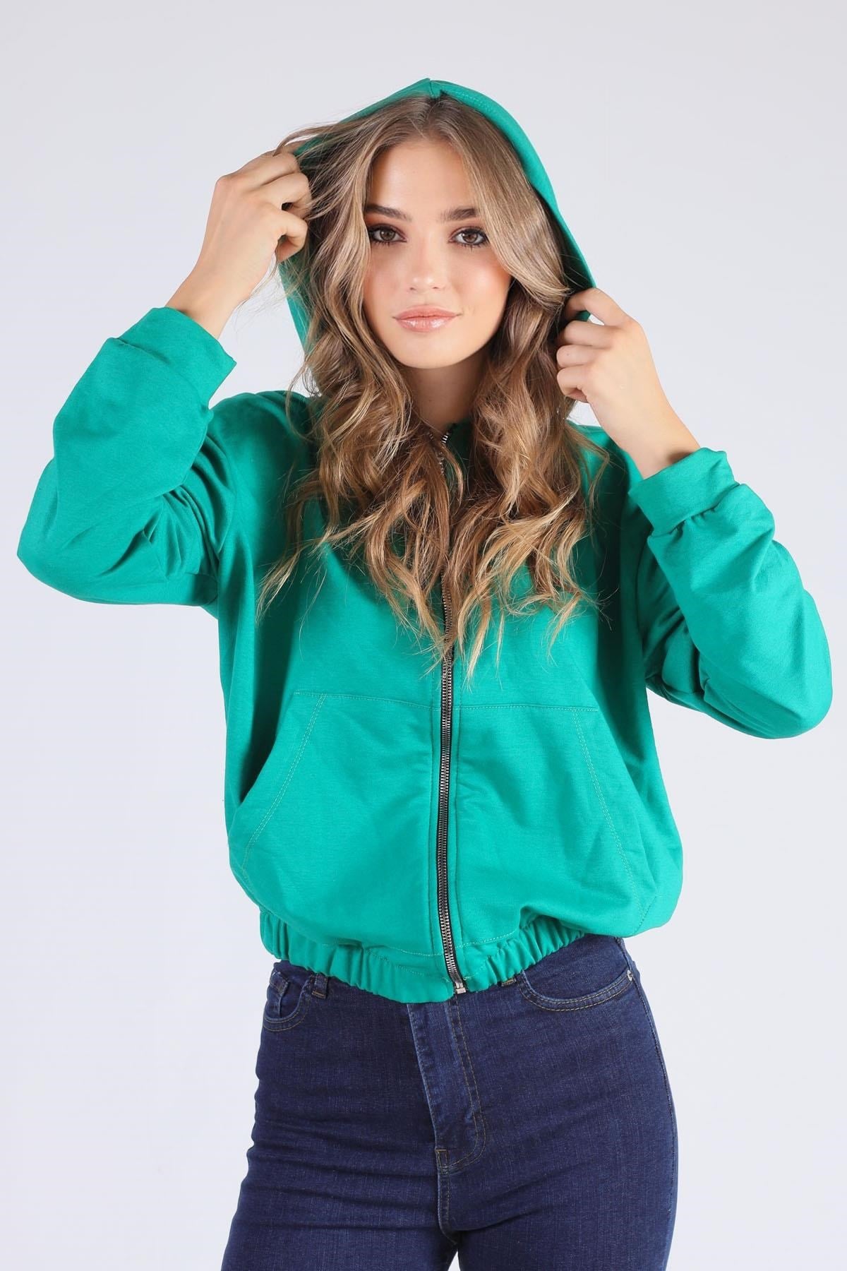 Benetton Yeşili Oversize Fermuarlı Sweat 8126M