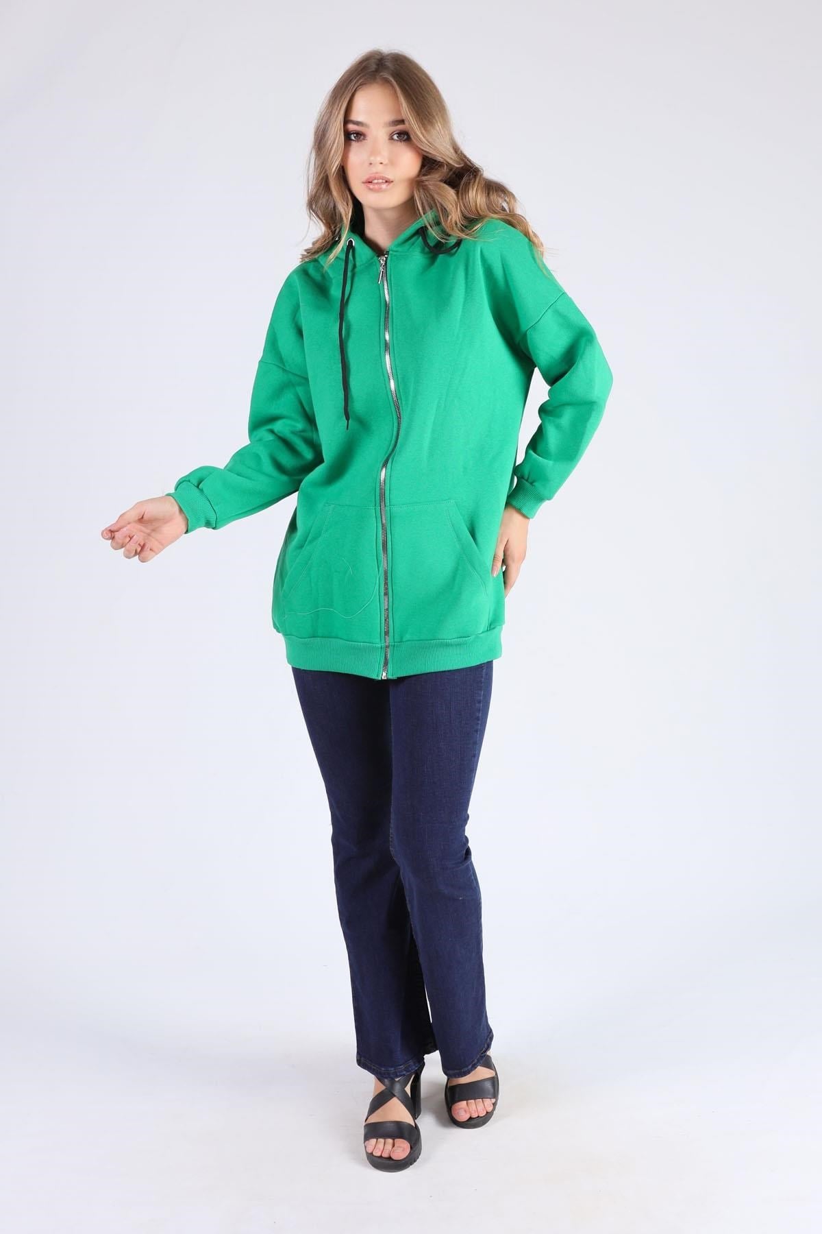 Benetton Yeşili Oversize Uzun Fermuarlı Sweat 8124M