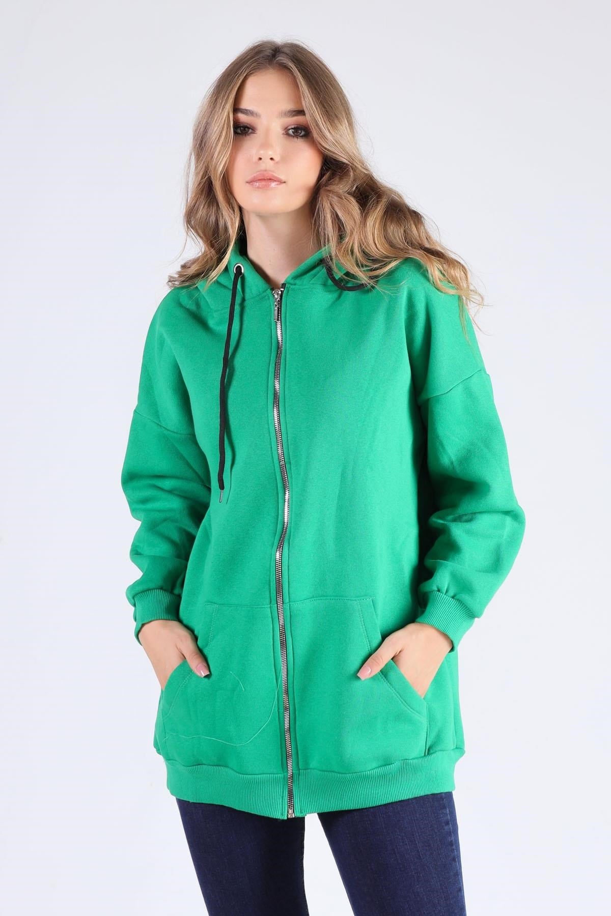 Benetton Yeşili Oversize Uzun Fermuarlı Sweat 8124M