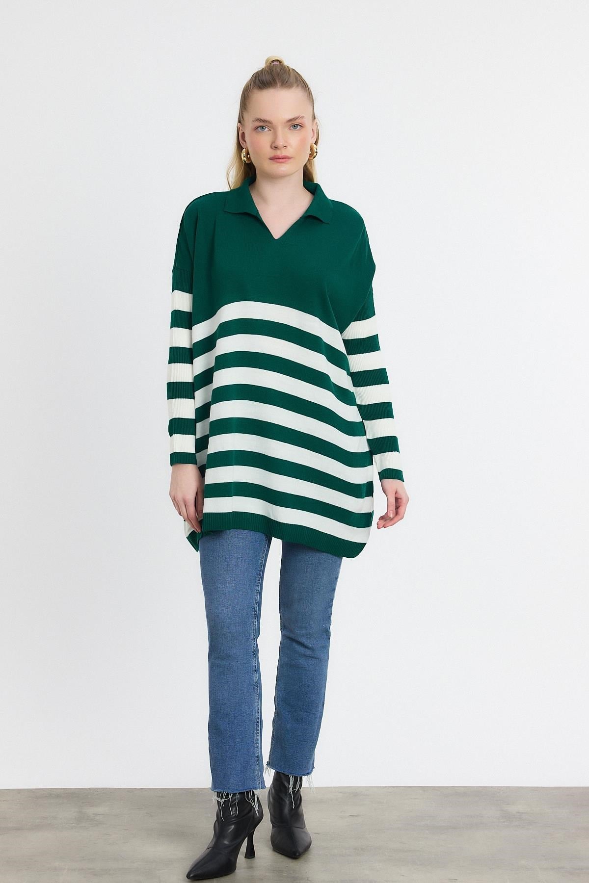 Benetton Yeşili Polo Yaka Çizgili Tunik 5340