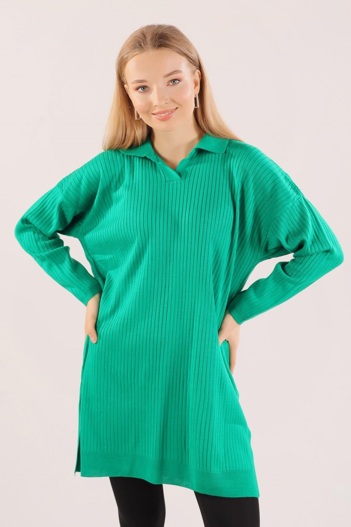 Benetton Yeşili Polo Yaka Fitilli Kazak 23214