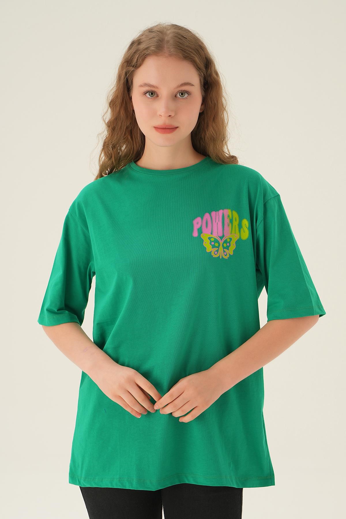Benetton Yeşili Powers Kelebek Baskı Oversize Tişört 1700