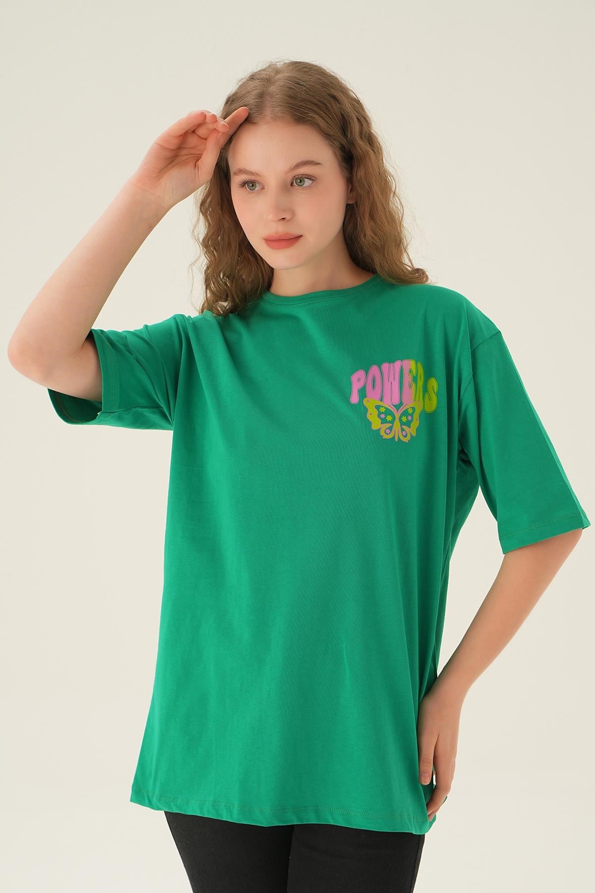 Benetton Yeşili Powers Kelebek Baskı Oversize Tişört 1700
