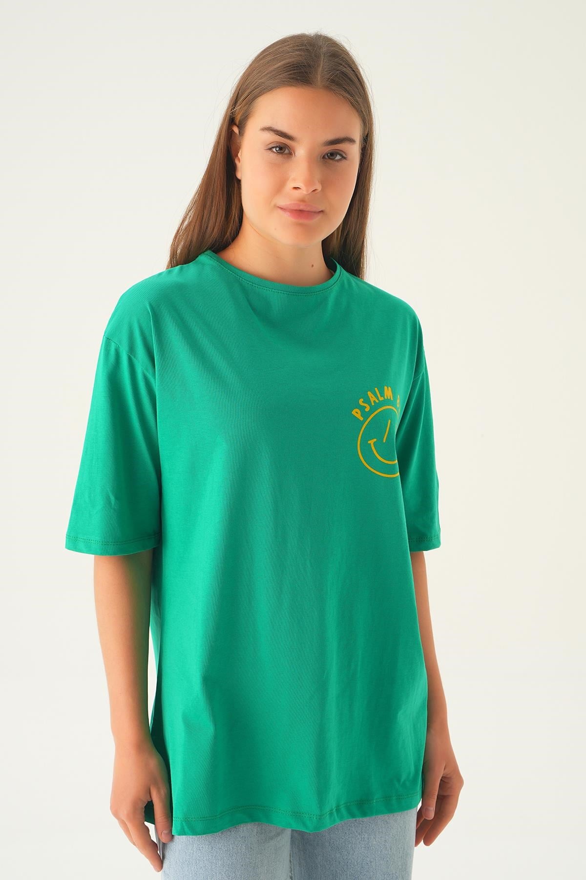 Benetton Yeşili Psalm Baskı Oversize Tişört 1702