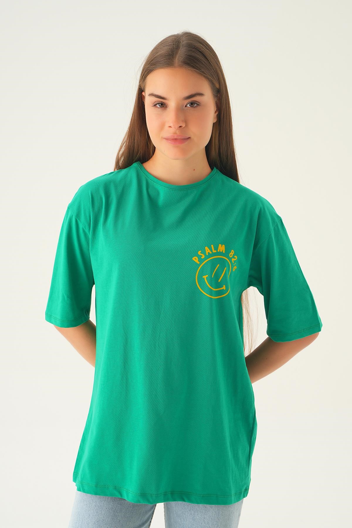 Benetton Yeşili Psalm Baskı Oversize Tişört 1702