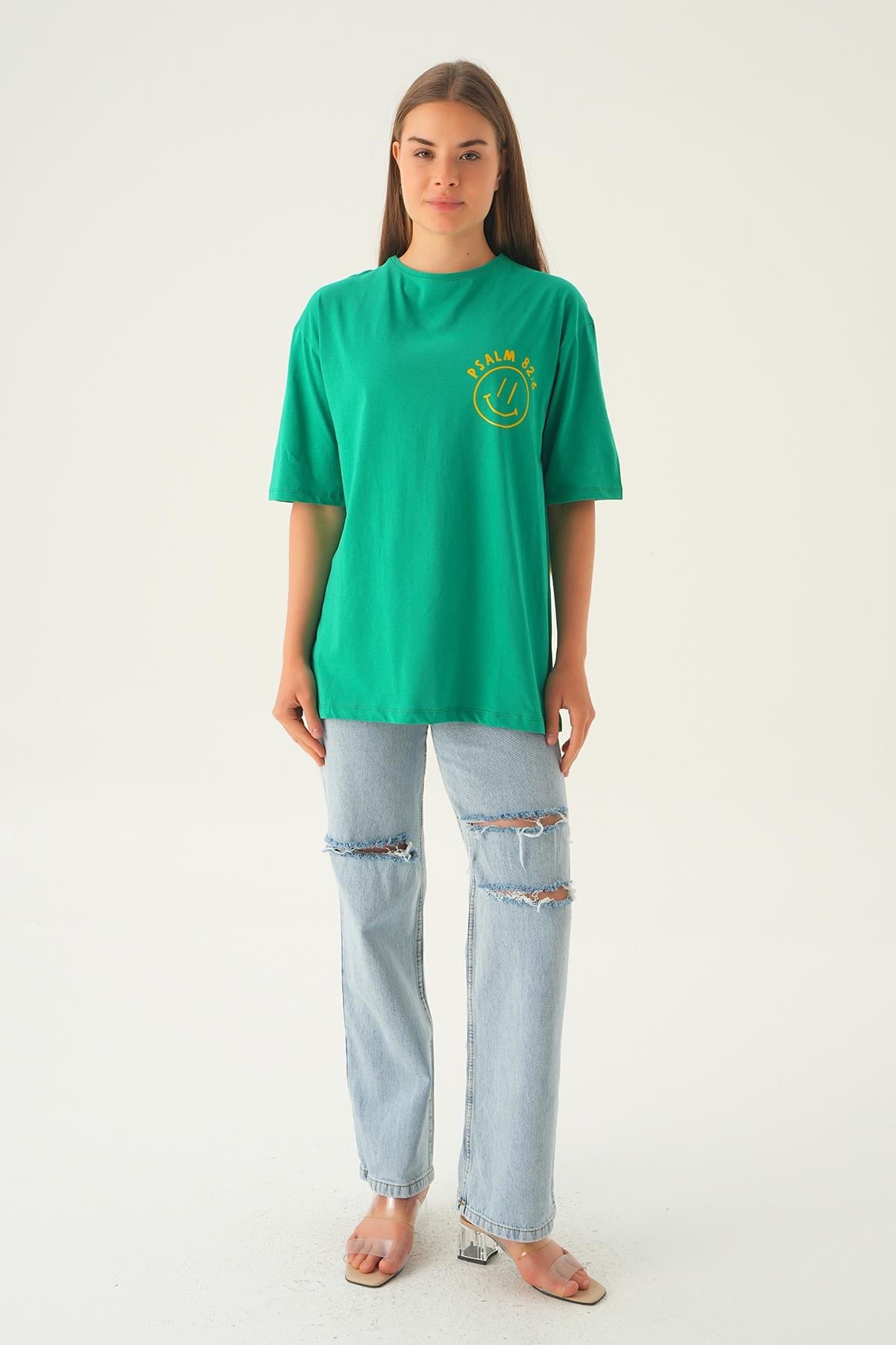 Benetton Yeşili Psalm Baskı Oversize Tişört 1702
