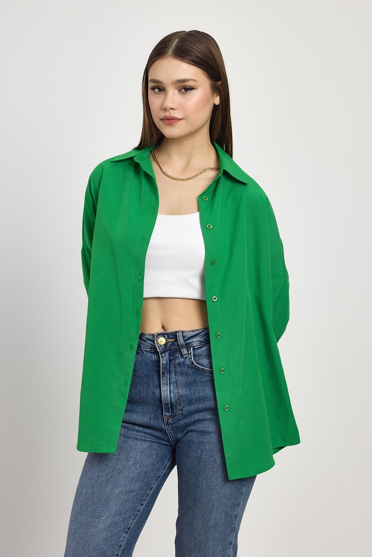 Benetton Yeşili Relaxed Fit Rahat Kesim Basic Gömlek - 6621A