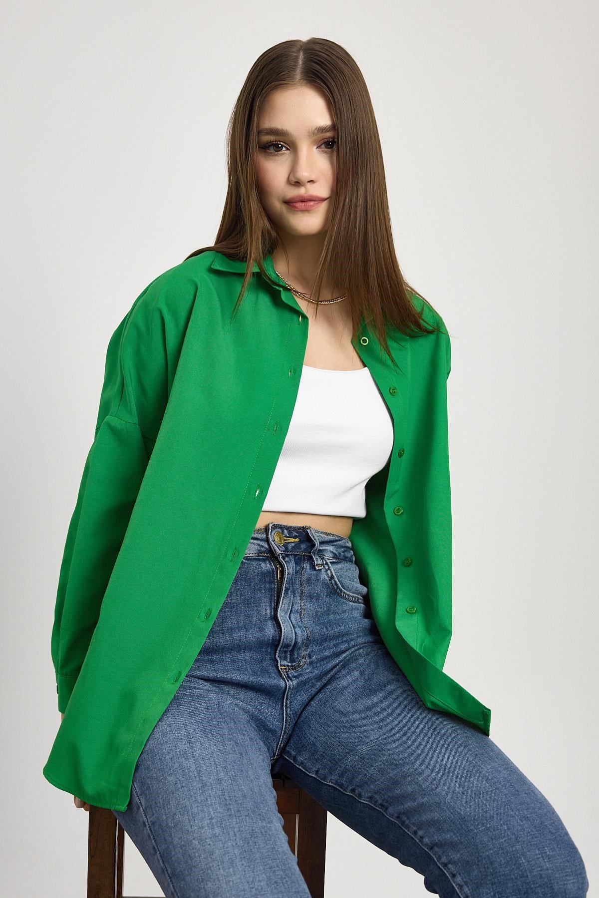 Benetton Yeşili Relaxed Fit Rahat Kesim Basic Gömlek - 6621A