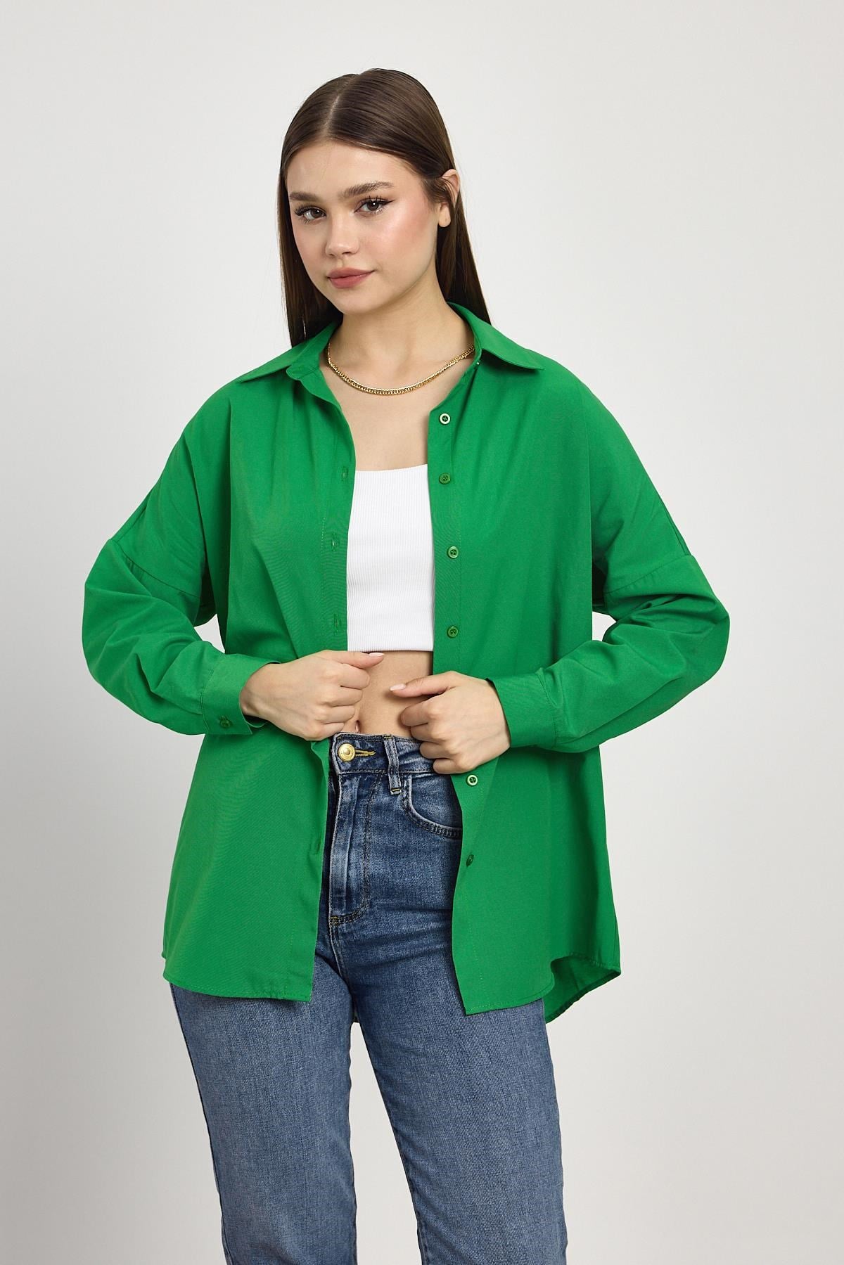 Benetton Yeşili Relaxed Fit Rahat Kesim Basic Gömlek - 6621A