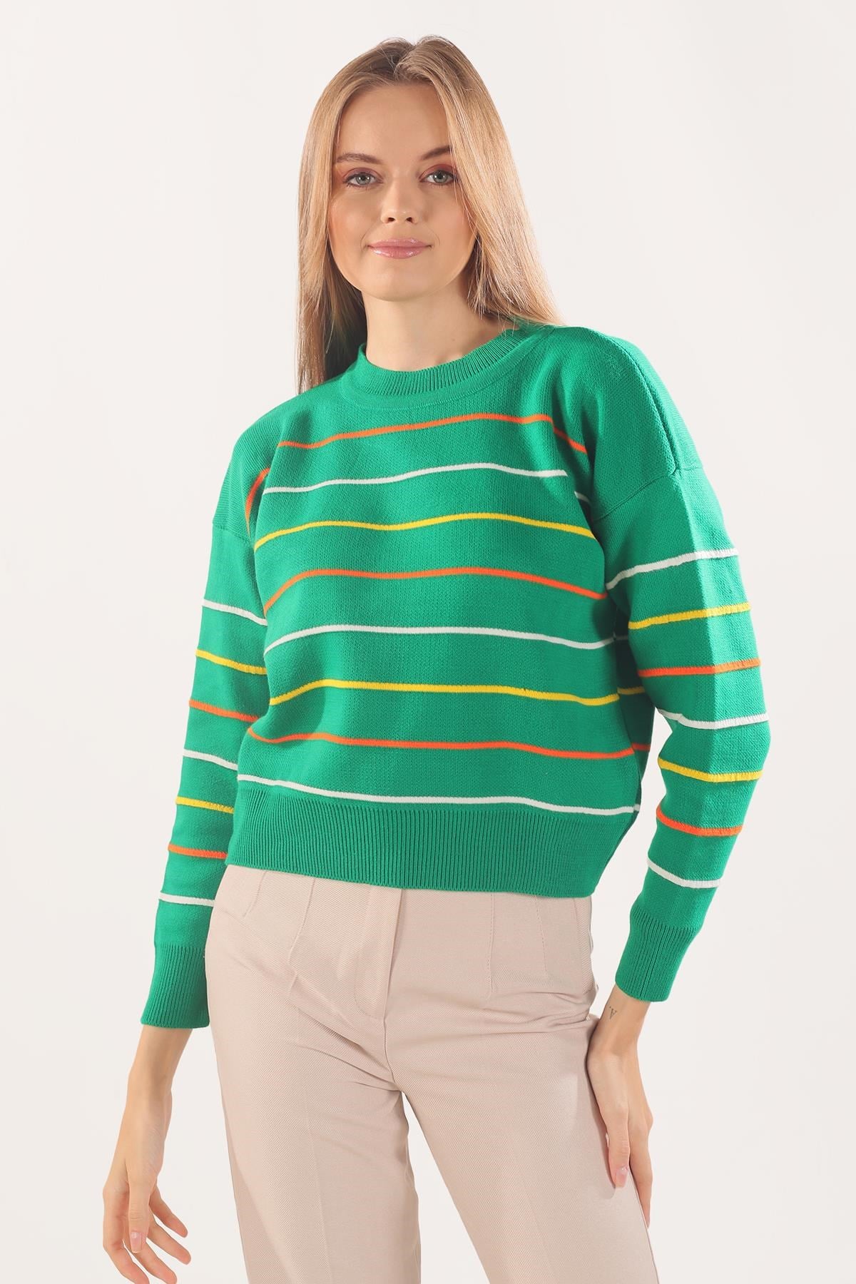 Benetton Yeşili Renkli Çizgili Kazak 3024