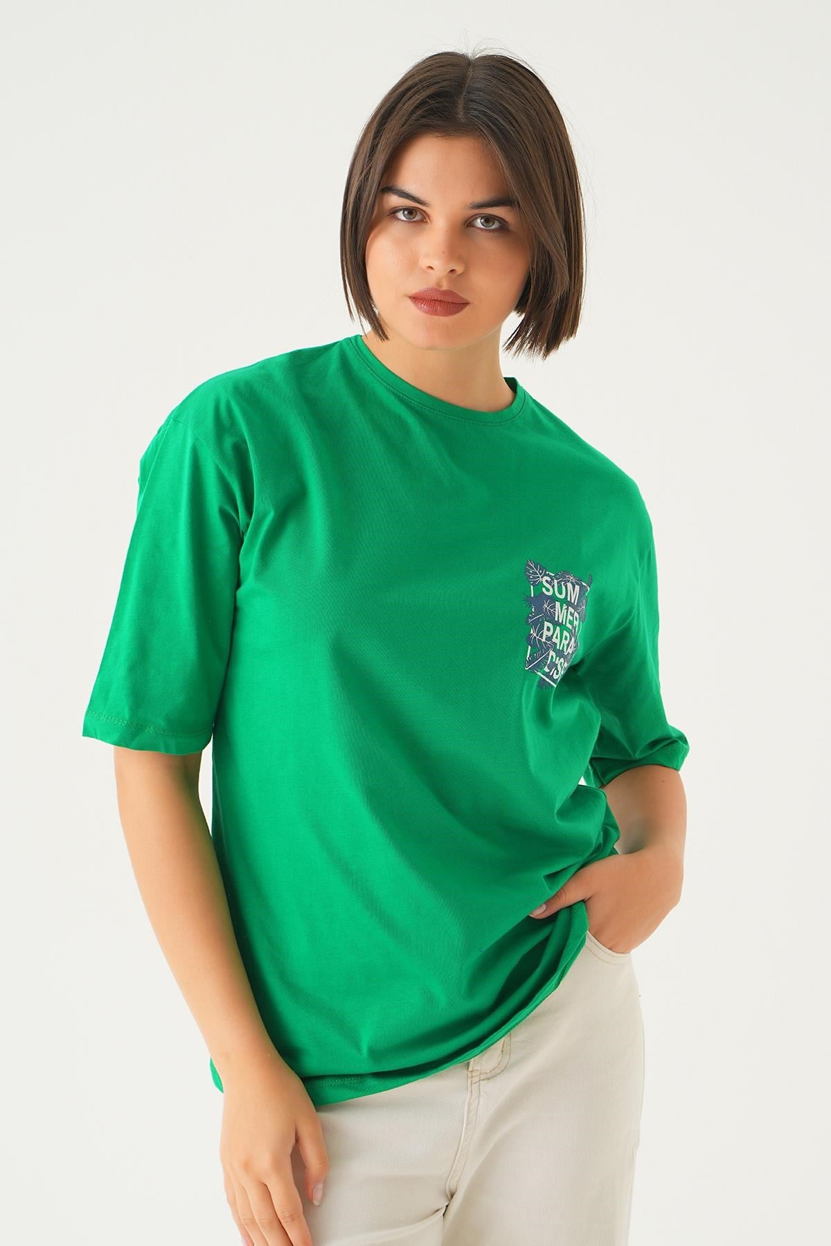 Benetton Yeşili Summer Baskı Oversize Tişört 1710