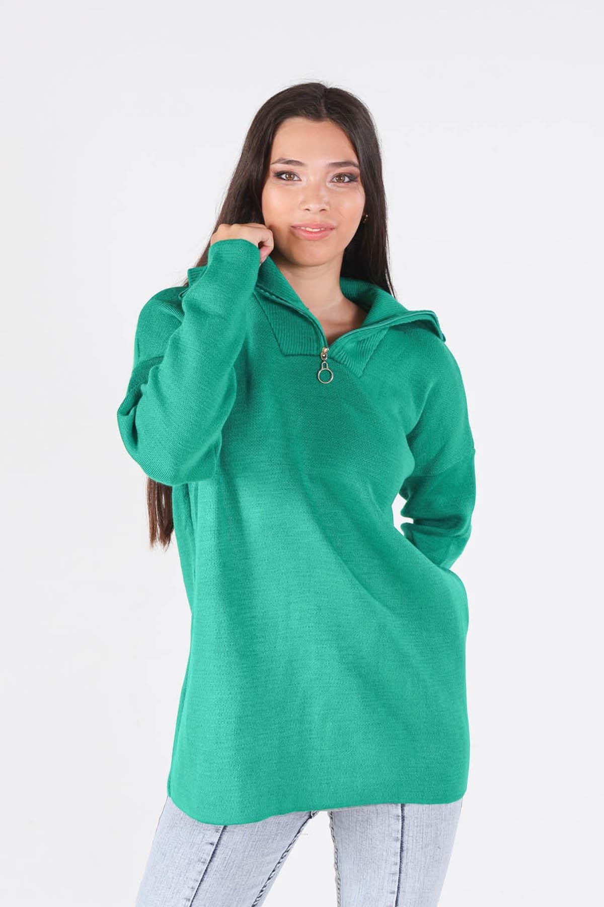 Benetton Yeşili Yaka Fermuarlı Kazak 1165