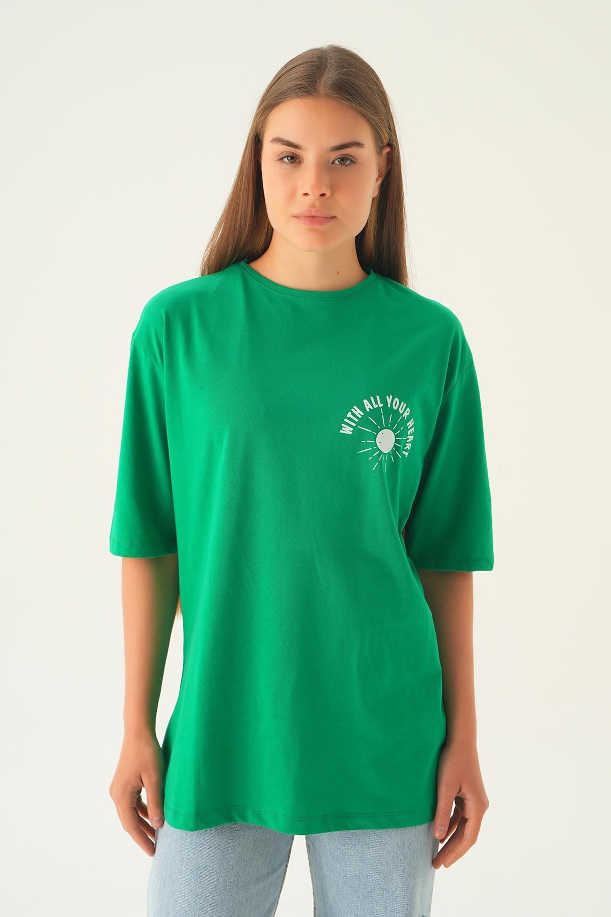 Benetton Yeşili Yazı Baskı Oversize Tişört 1706