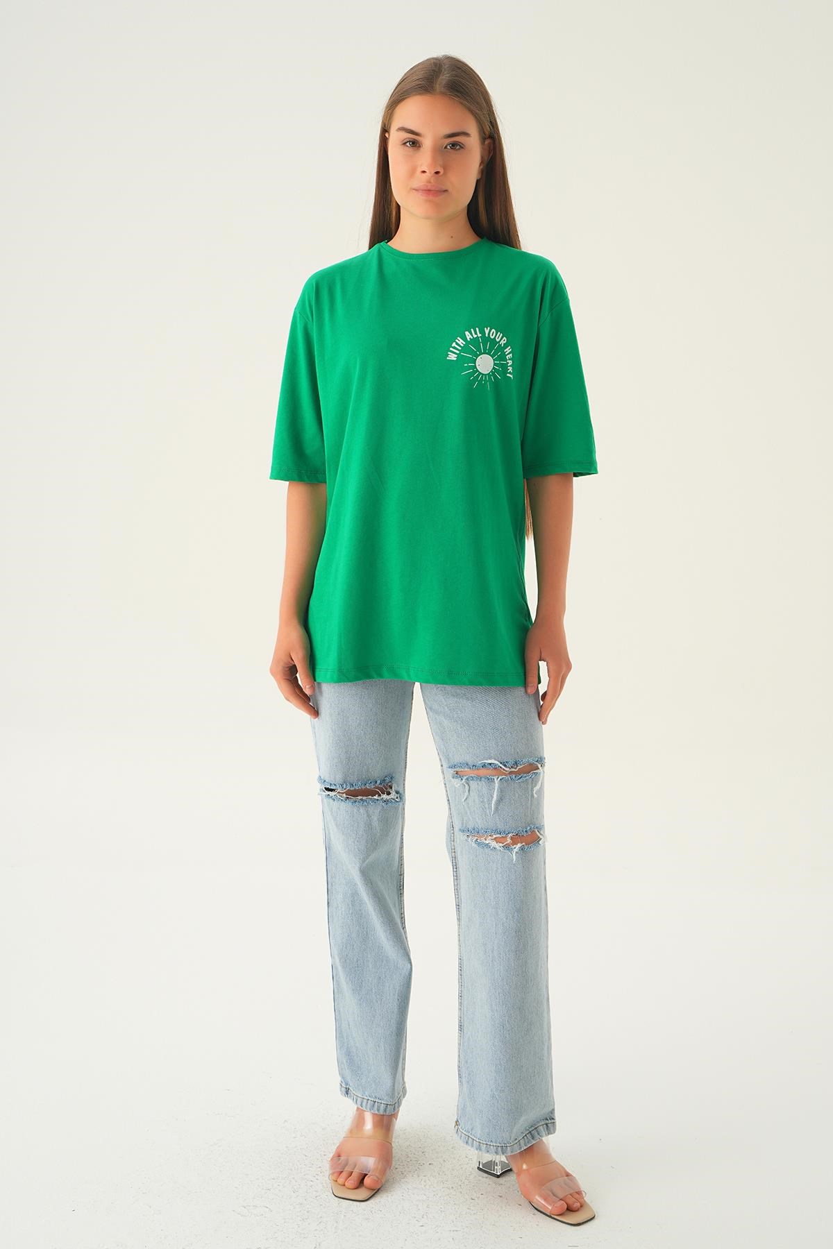 Benetton Yeşili Yazı Baskı Oversize Tişört 1706