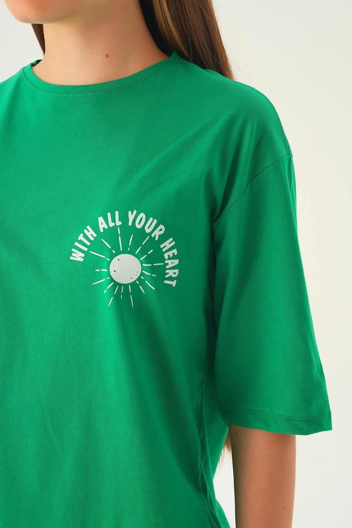 Benetton Yeşili Yazı Baskı Oversize Tişört 1706