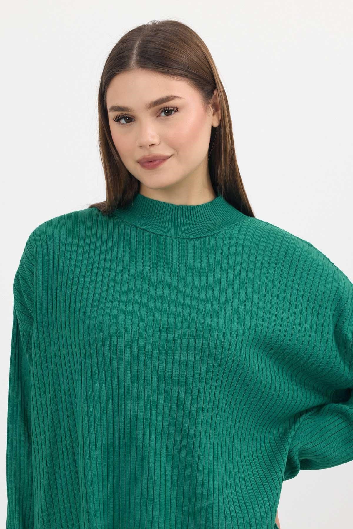 Benetton Yeşili Yırtmaç Detay Fitilli Kazak 22131