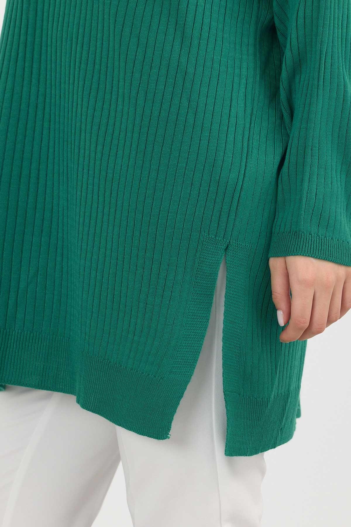 Benetton Yeşili Yırtmaç Detay Fitilli Kazak 22131