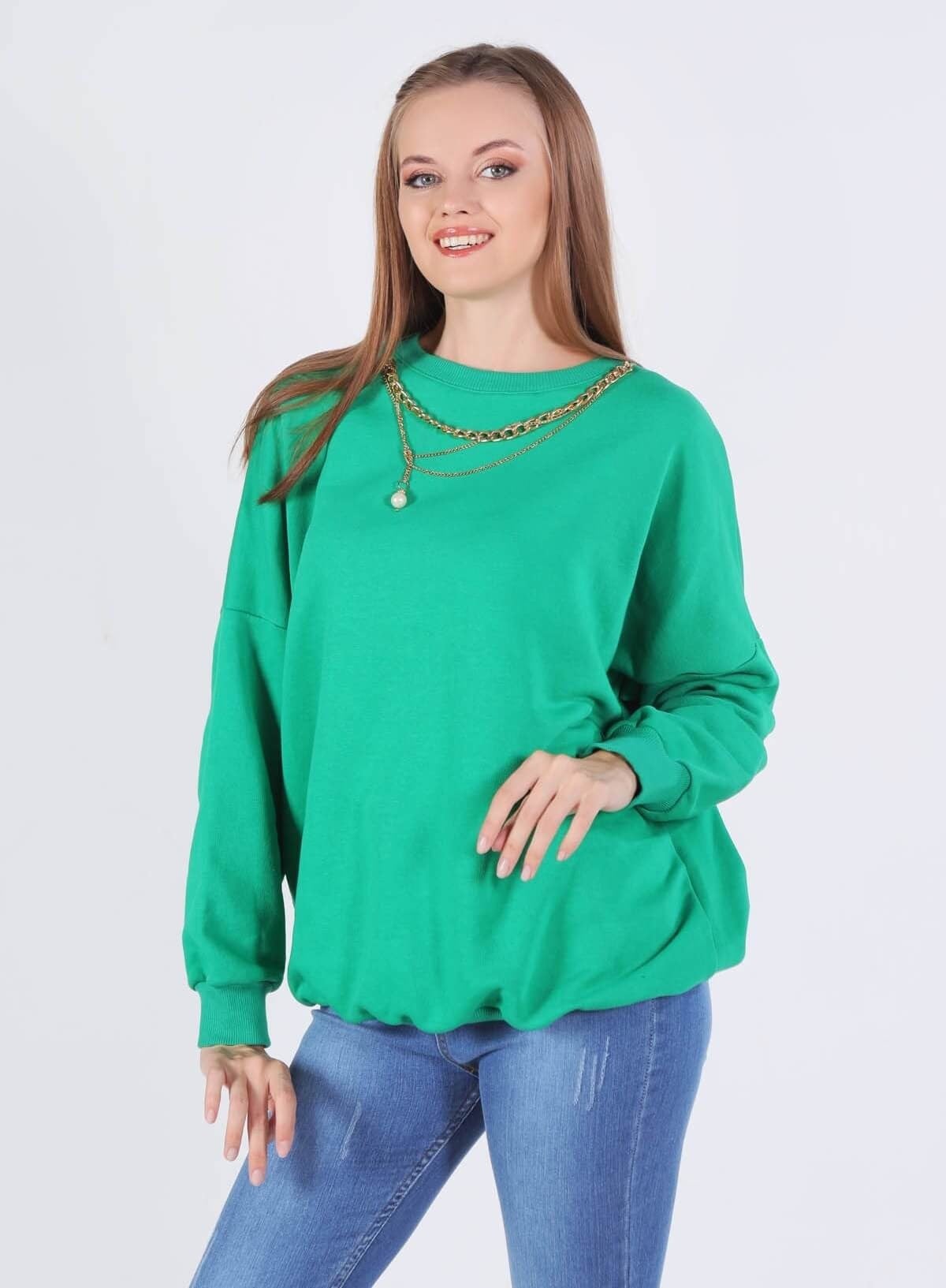 Benetton Yeşili Zincir Kolye Detay Sweat 221128