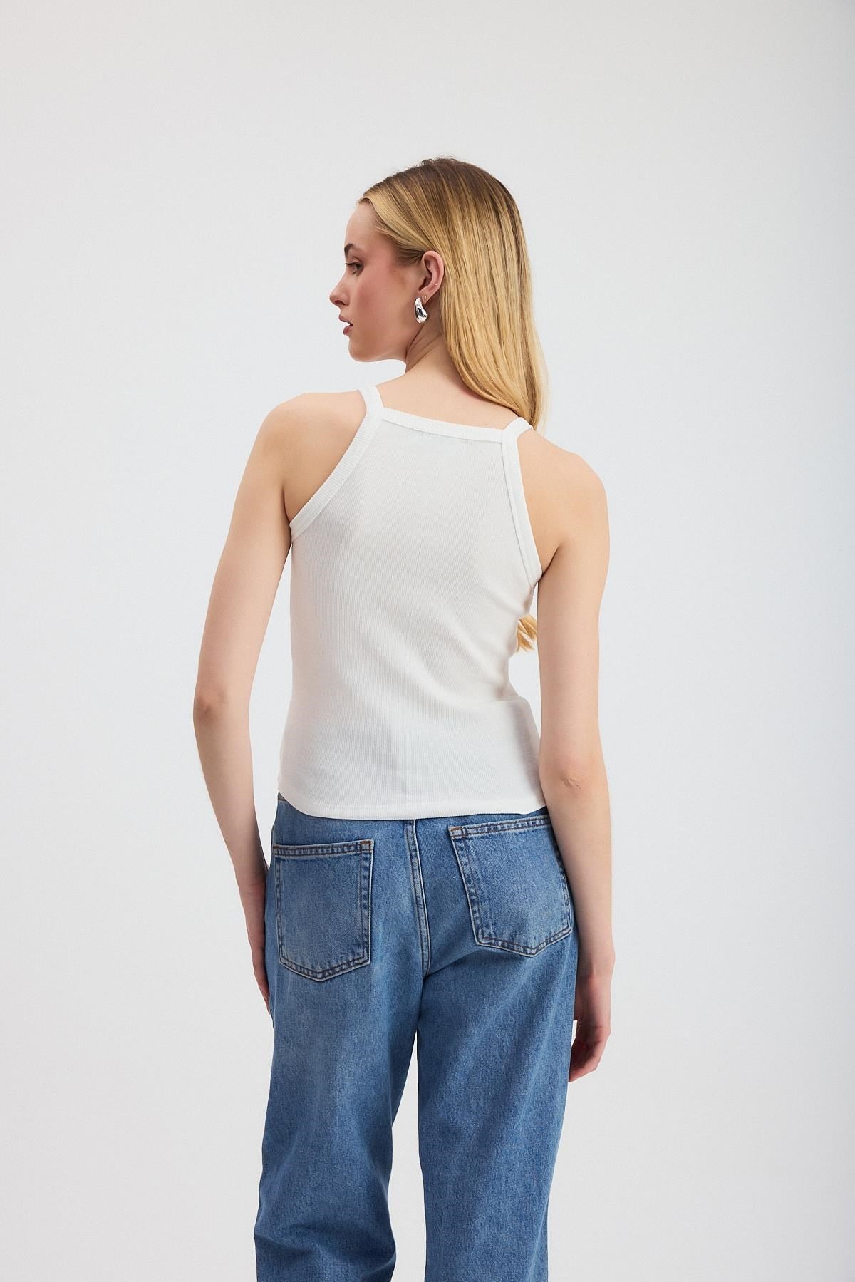 Beyaz -1121 Sıfır Kol Fitilli Halter Yaka Basic Atlet