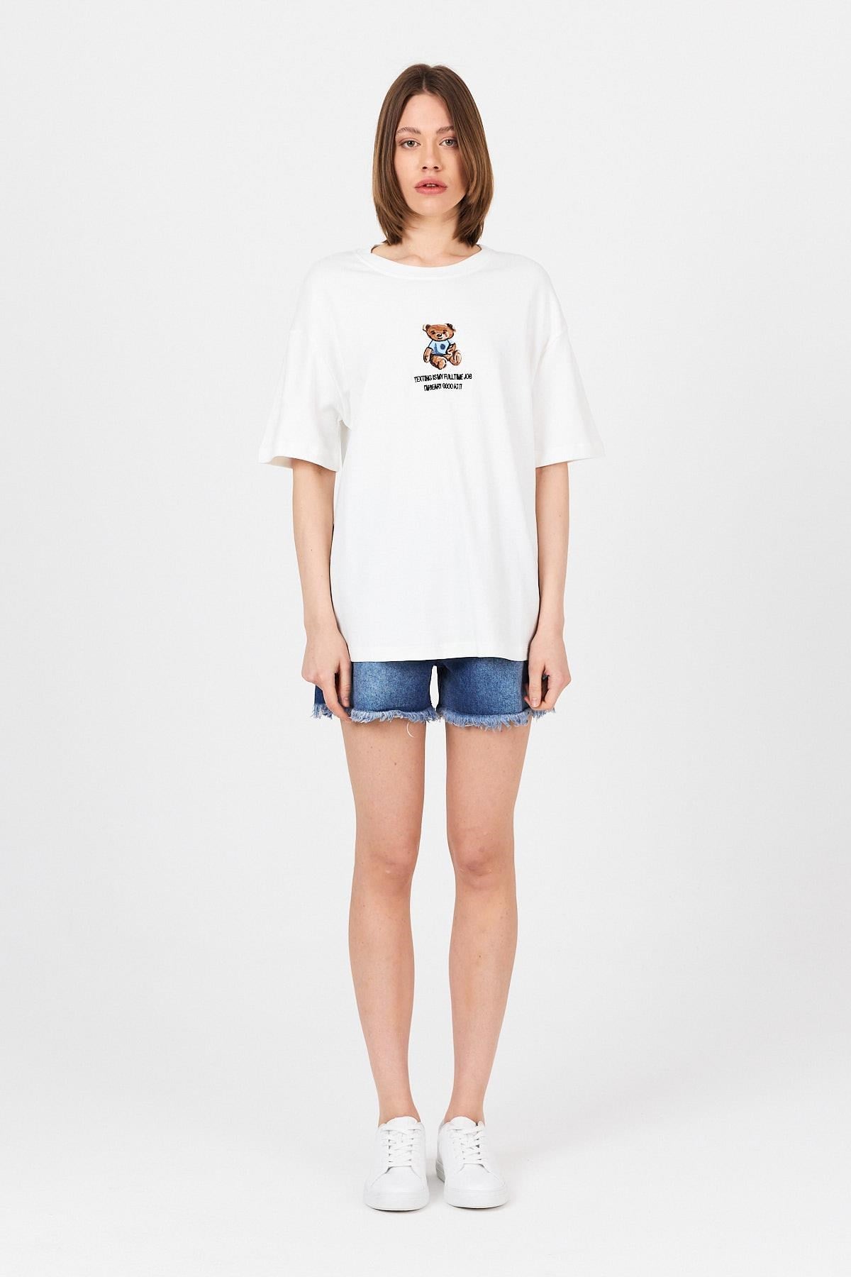 Beyaz Ayı Baskılı Yazılı Oversize Tişört 5632