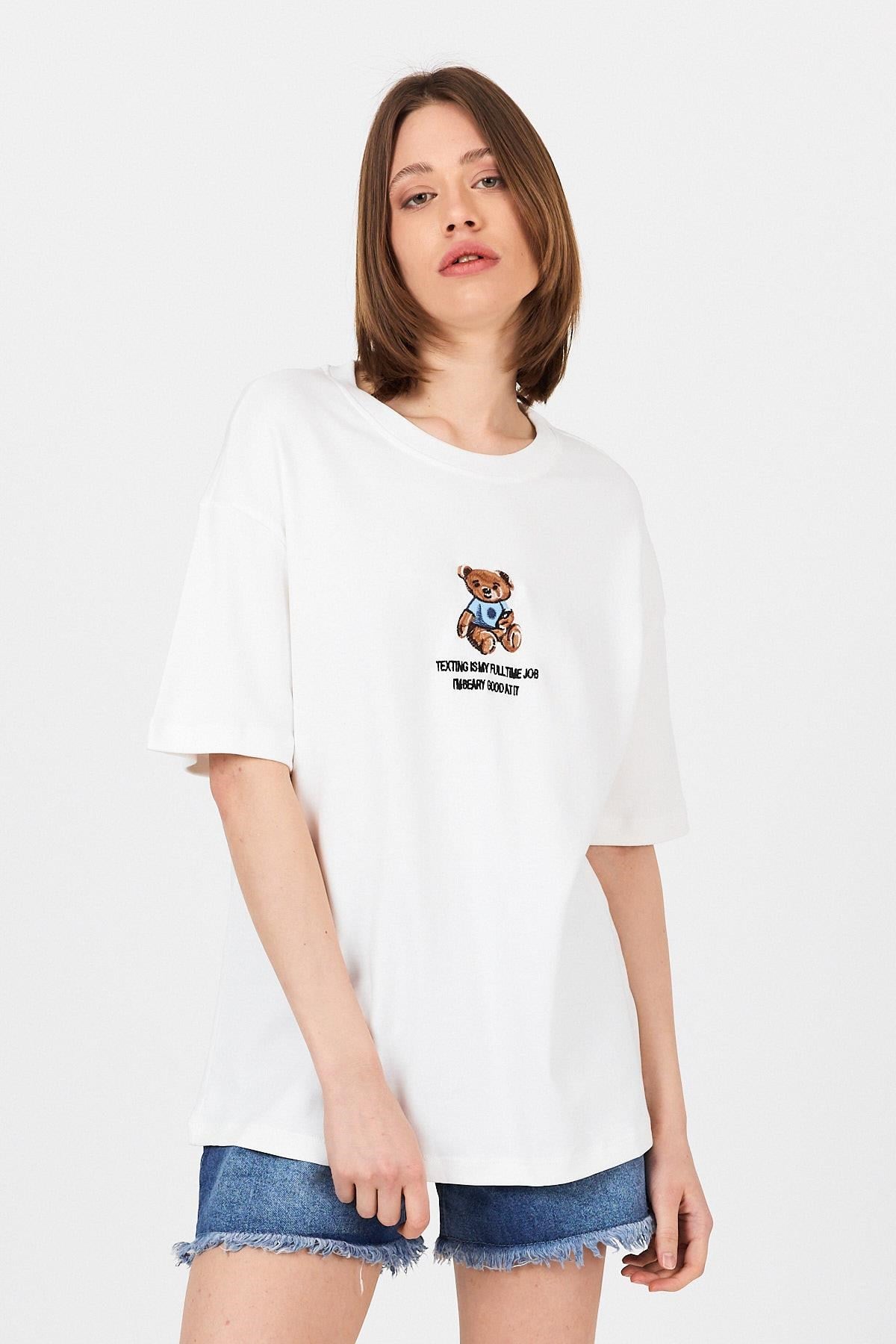 Beyaz Ayı Baskılı Yazılı Oversize Tişört 5632
