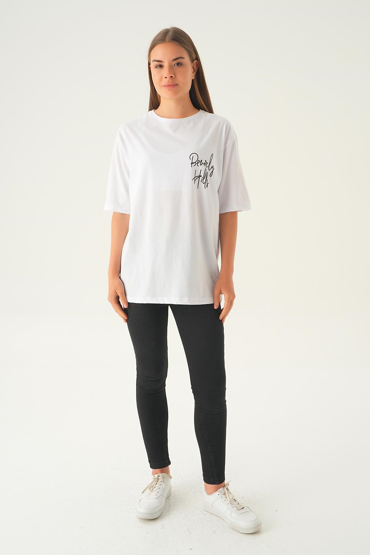 Beyaz Baskılı Oversize Tişört 1707