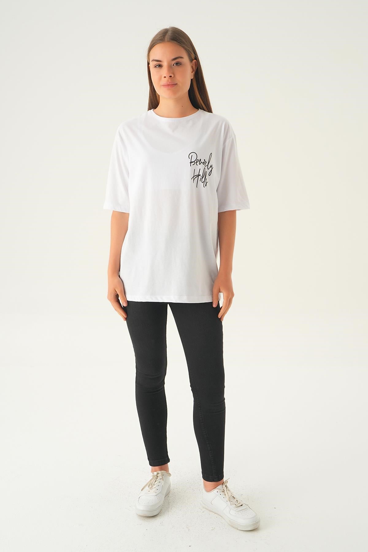 Beyaz Baskılı Oversize Tişört 1707