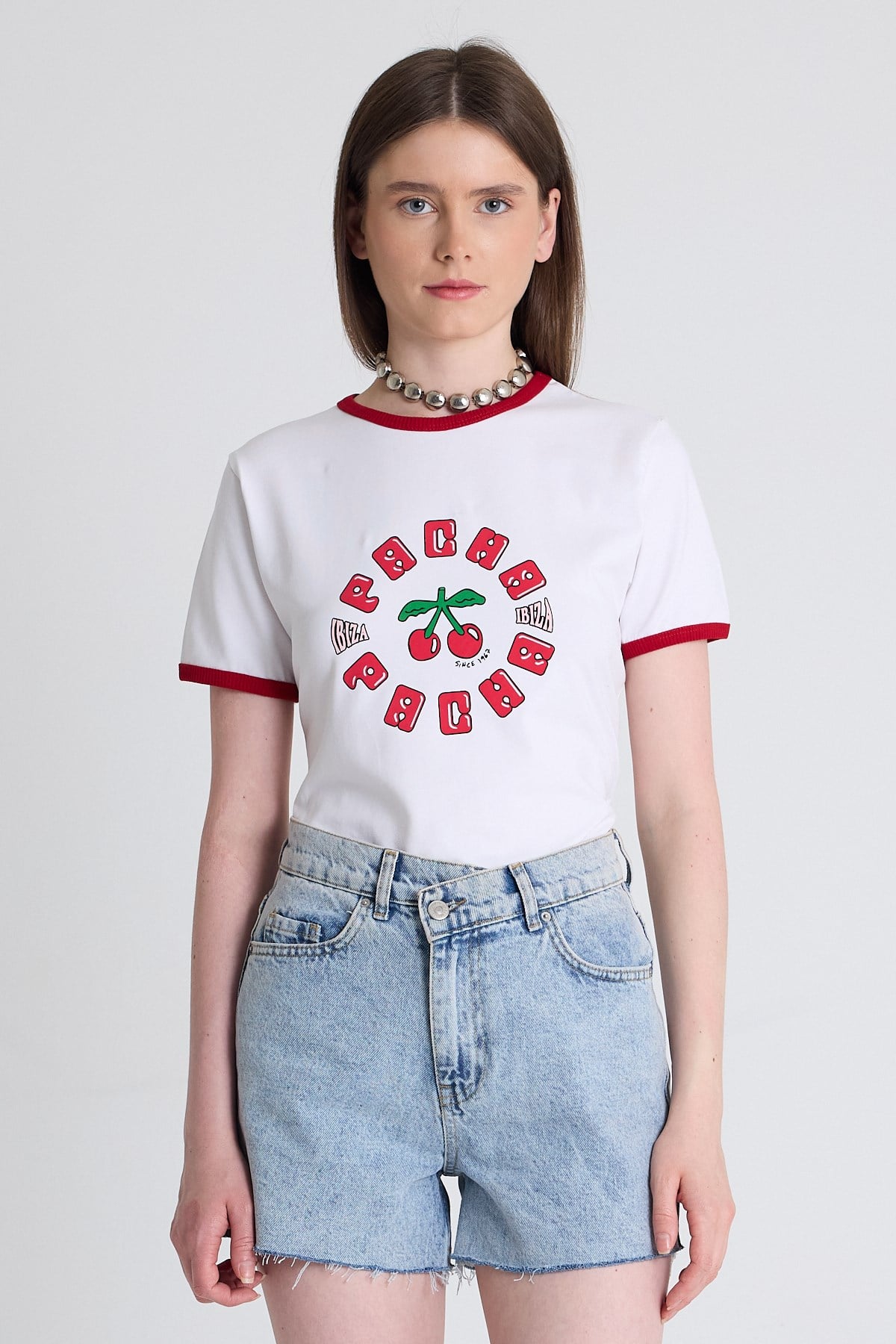 Beyaz Baskılı Relaxed Fit Tişört 6706