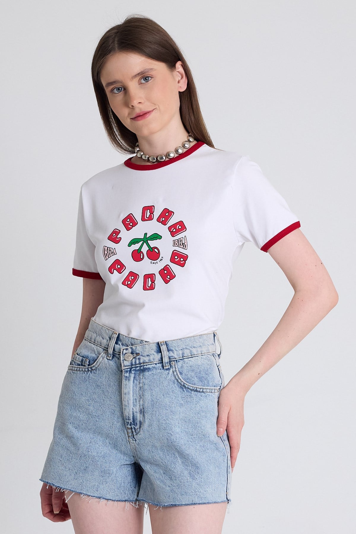 Beyaz Baskılı Relaxed Fit Tişört 6706