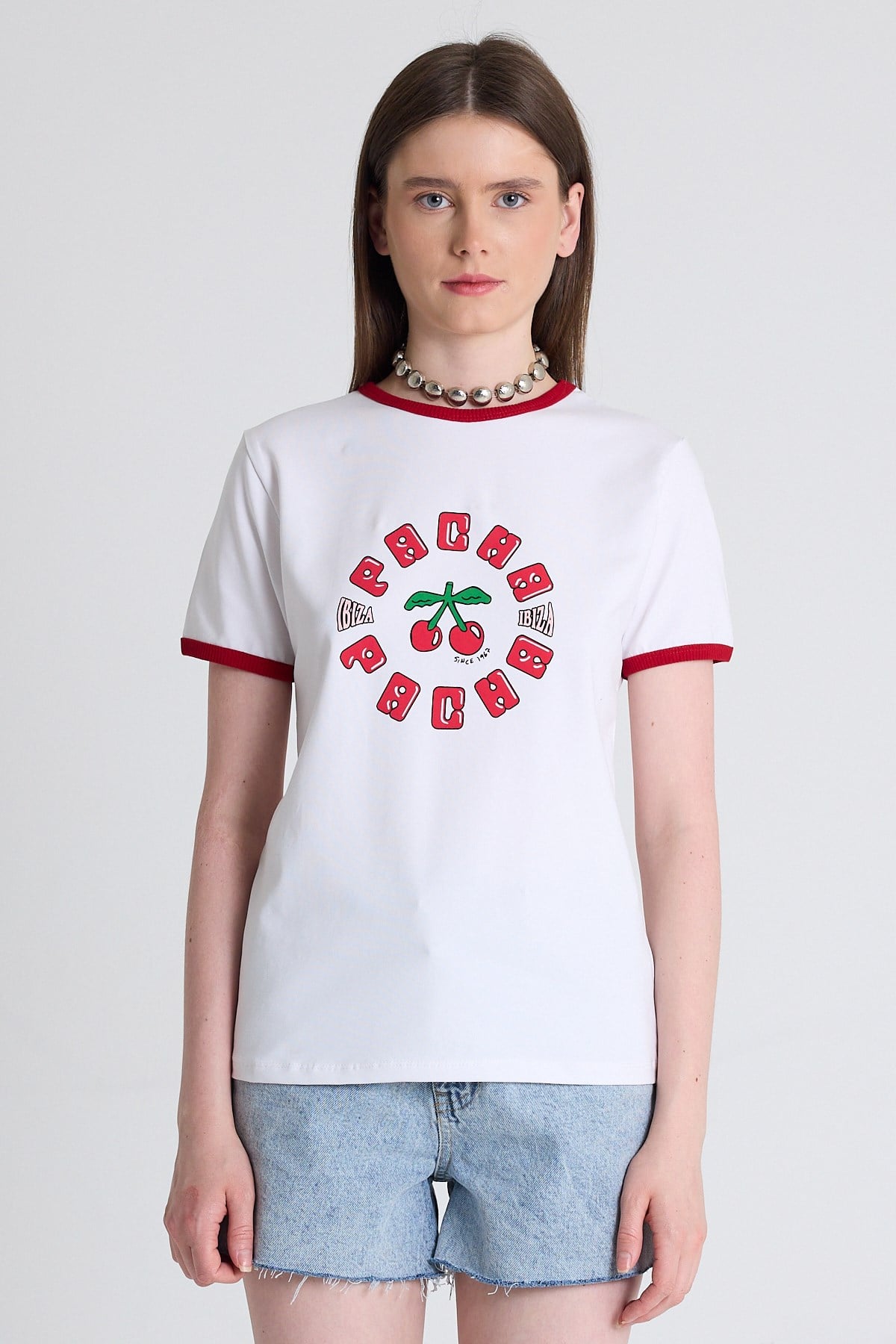 Beyaz Baskılı Relaxed Fit Tişört 6706