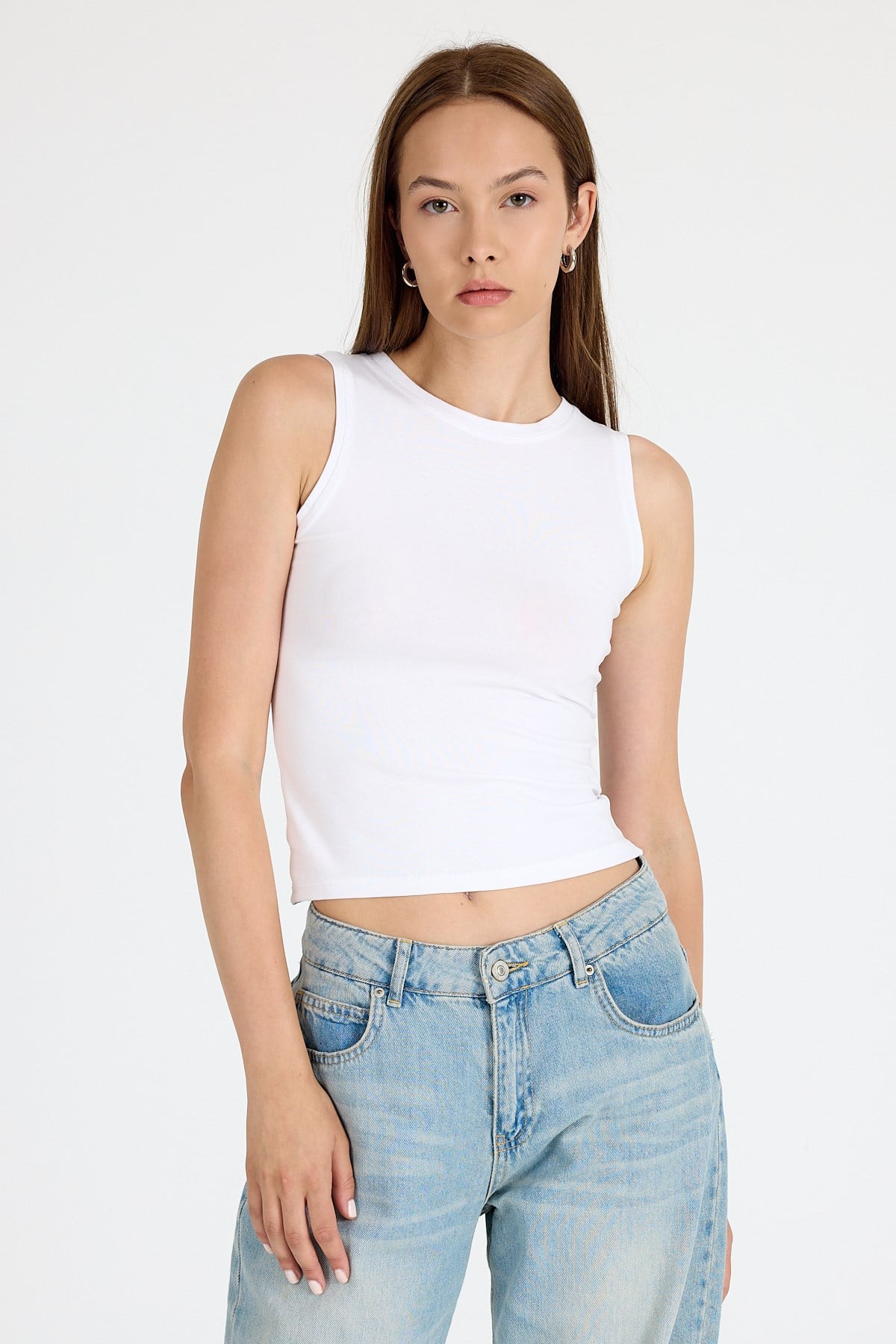 Beyaz Bisiklet Yaka Kolsuz Slim Fit Atlet 1663