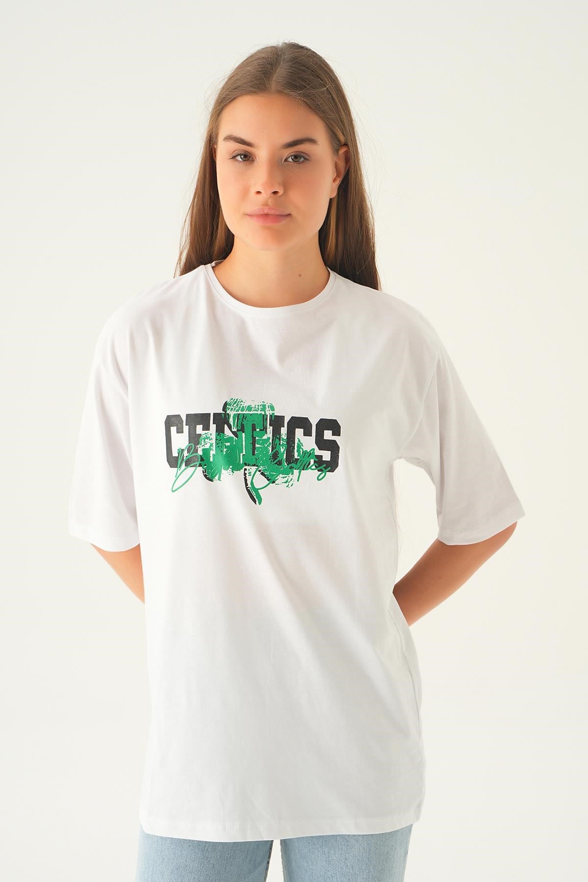 Beyaz Celtıcs Baskı Oversize Tişört 1701