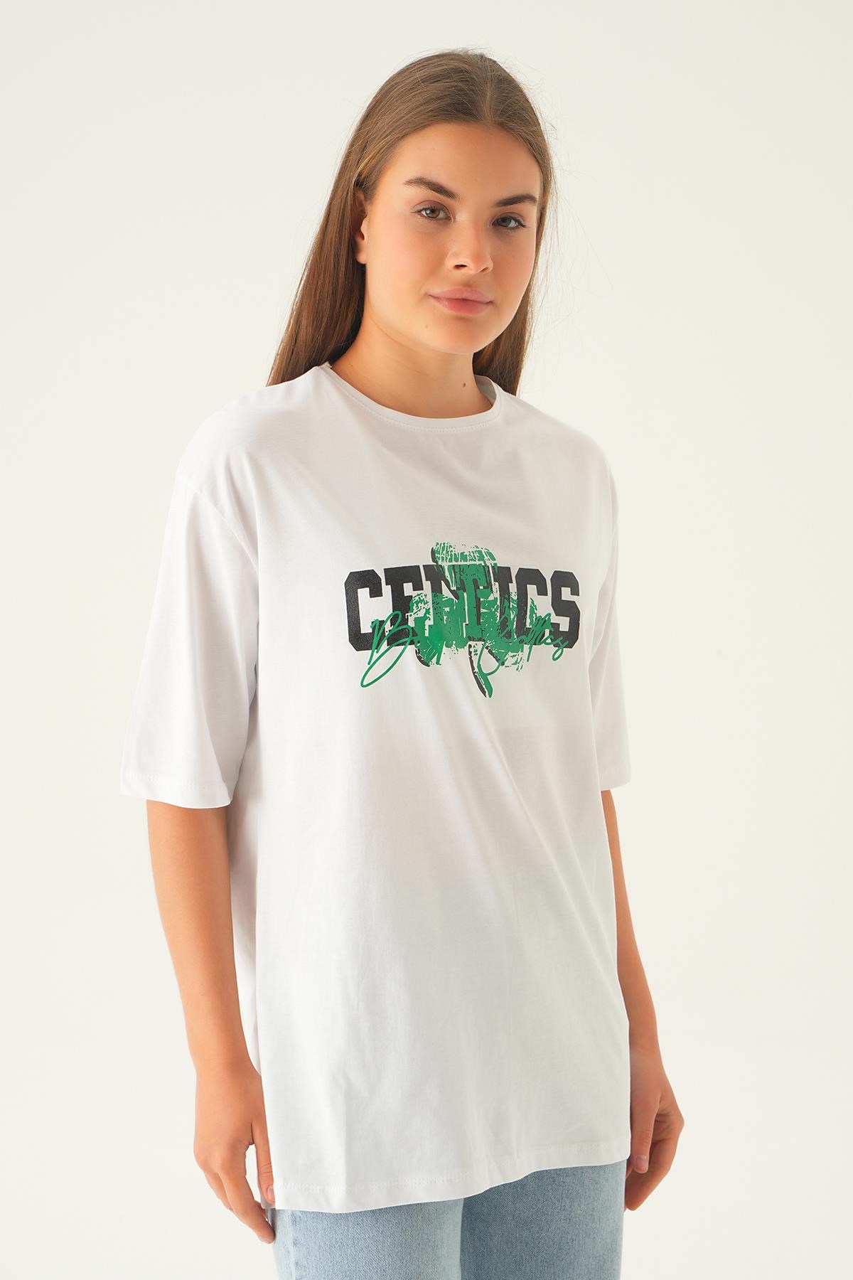 Beyaz Celtıcs Baskı Oversize Tişört 1701