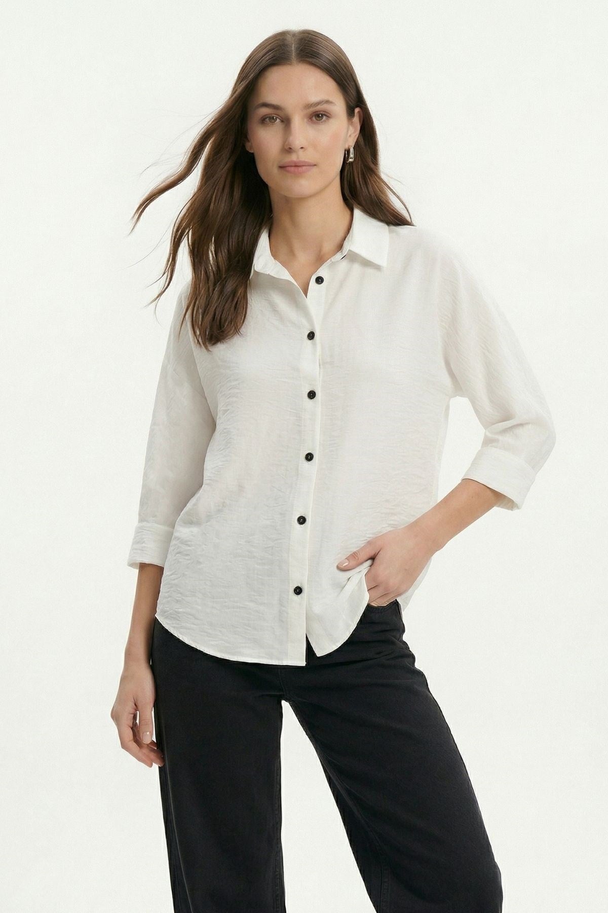 Beyaz Fakir Kol Oversize Gömlek 4143