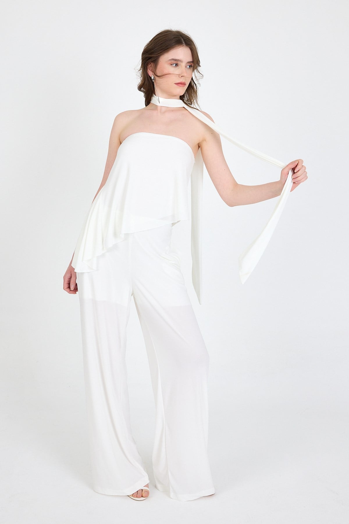 Beyaz Fularlı Pantolon Bluz İkili Takım 5224