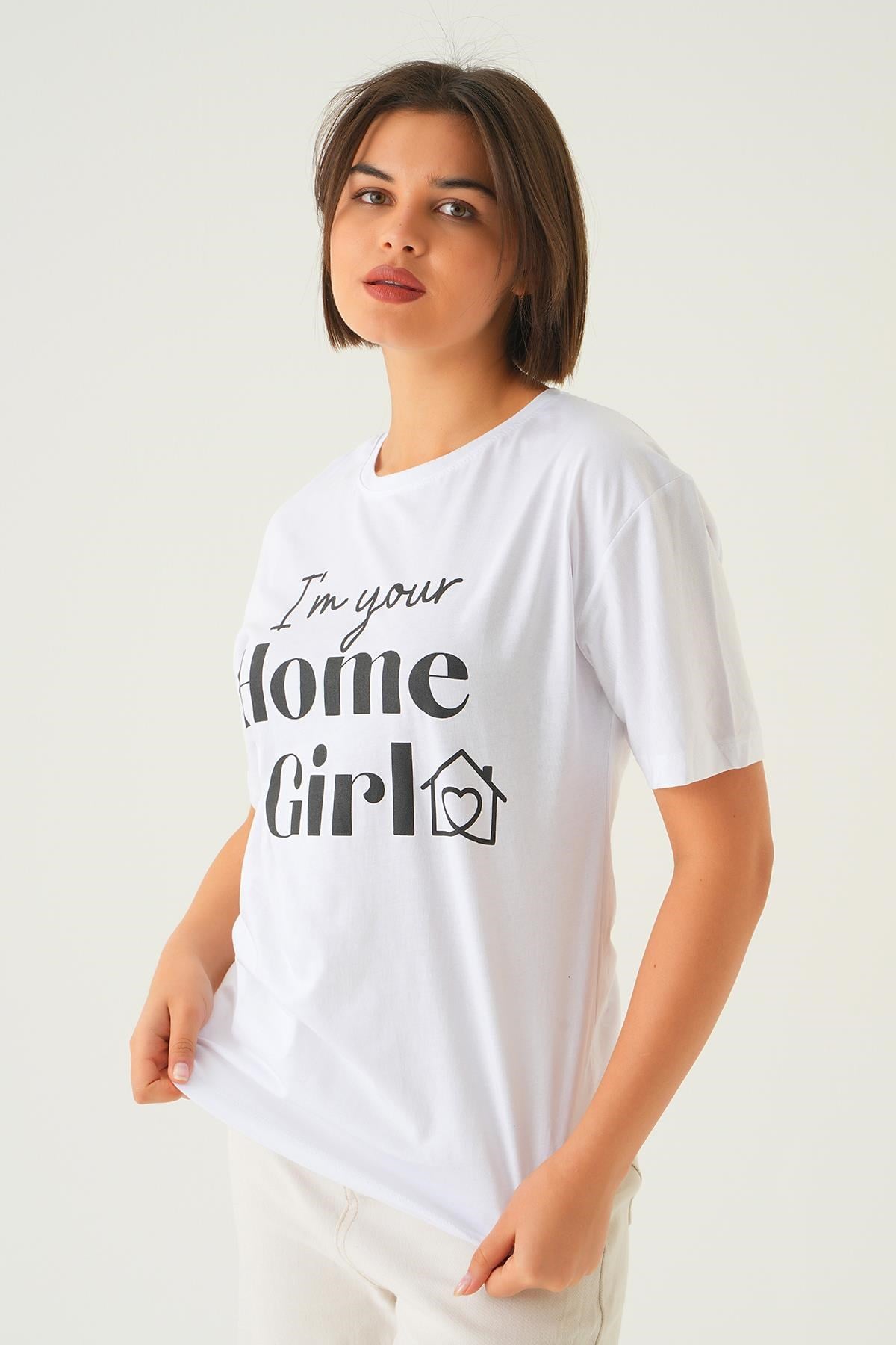 Beyaz Home Girl Baskı Oversize Tişört 1715